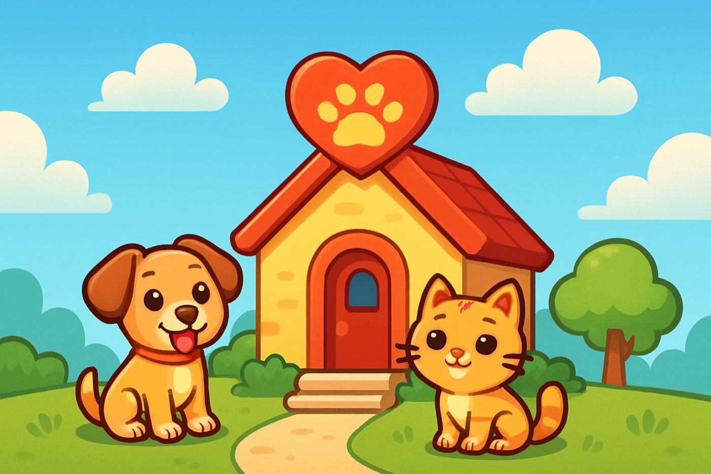 A cheerful animal rescue building with a happy dog and cat out front